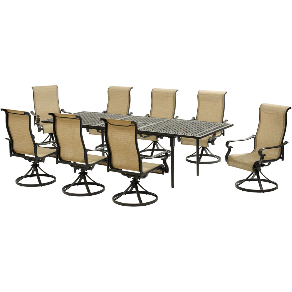 Brigantine9pc: 8 Sling Swivel Rockers, Expandable Cast Dining Table