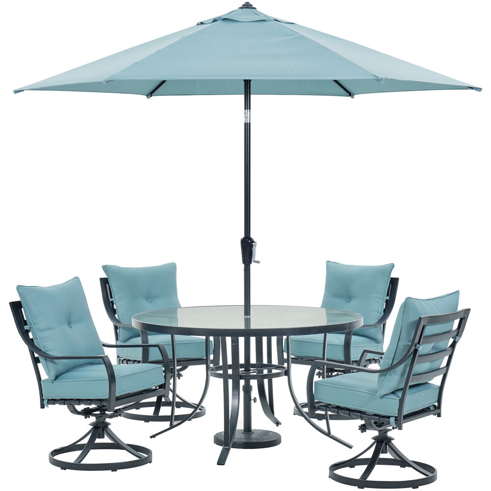 Lavallette5pc: 4 Swivel Chrs, Round Glass Tbl, Umbrella & Base