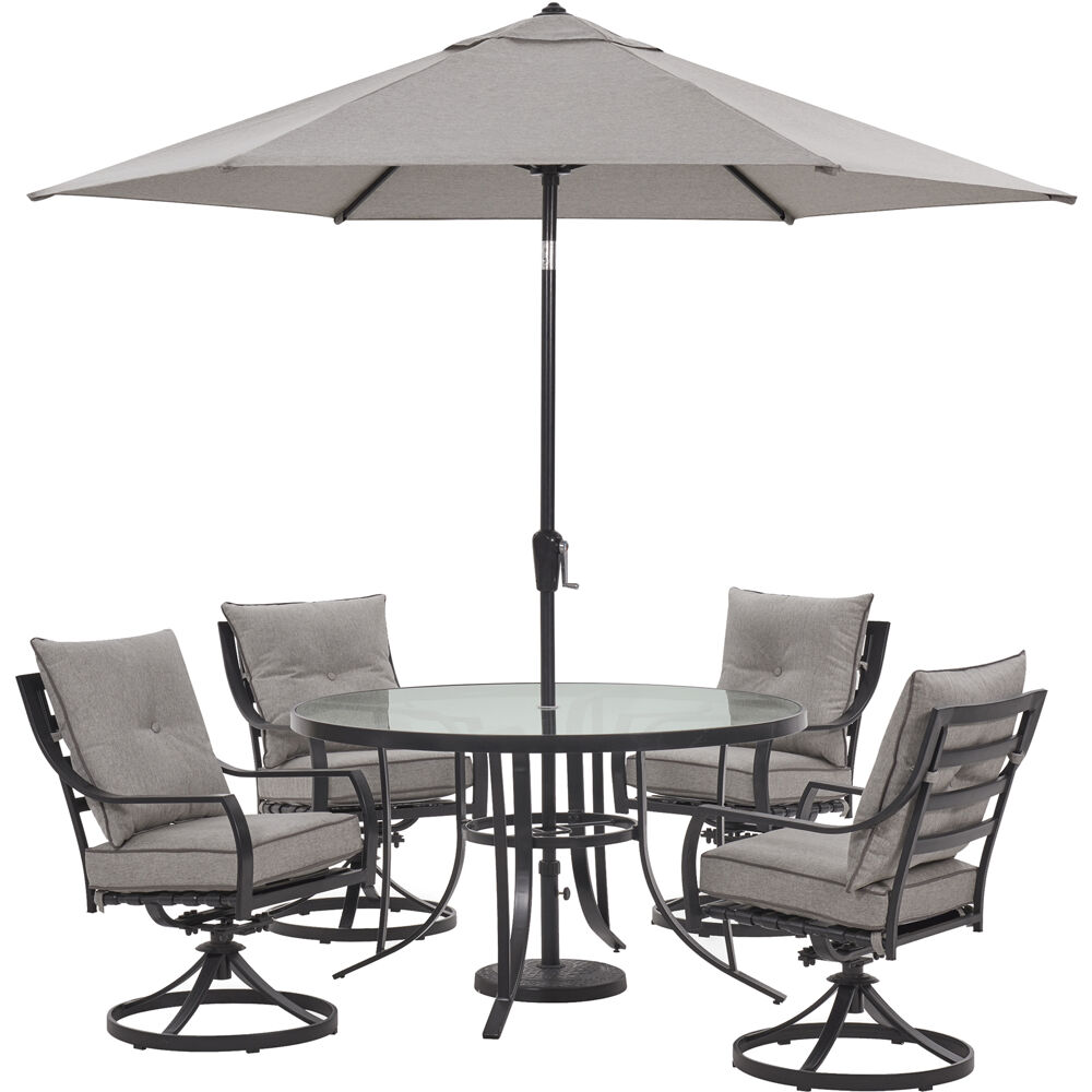 Lavallette5pc: 4 Swivel Chrs, Round Glass Tbl, Umbrella & Base