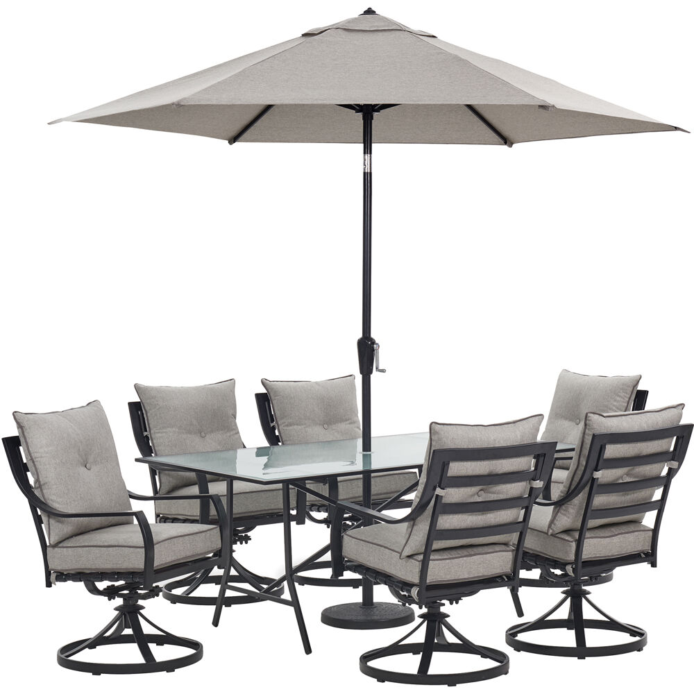 Lavallette7pc: 6 Swivel Dining Chairs, Rectangle Glass Tbl, Umb & Base