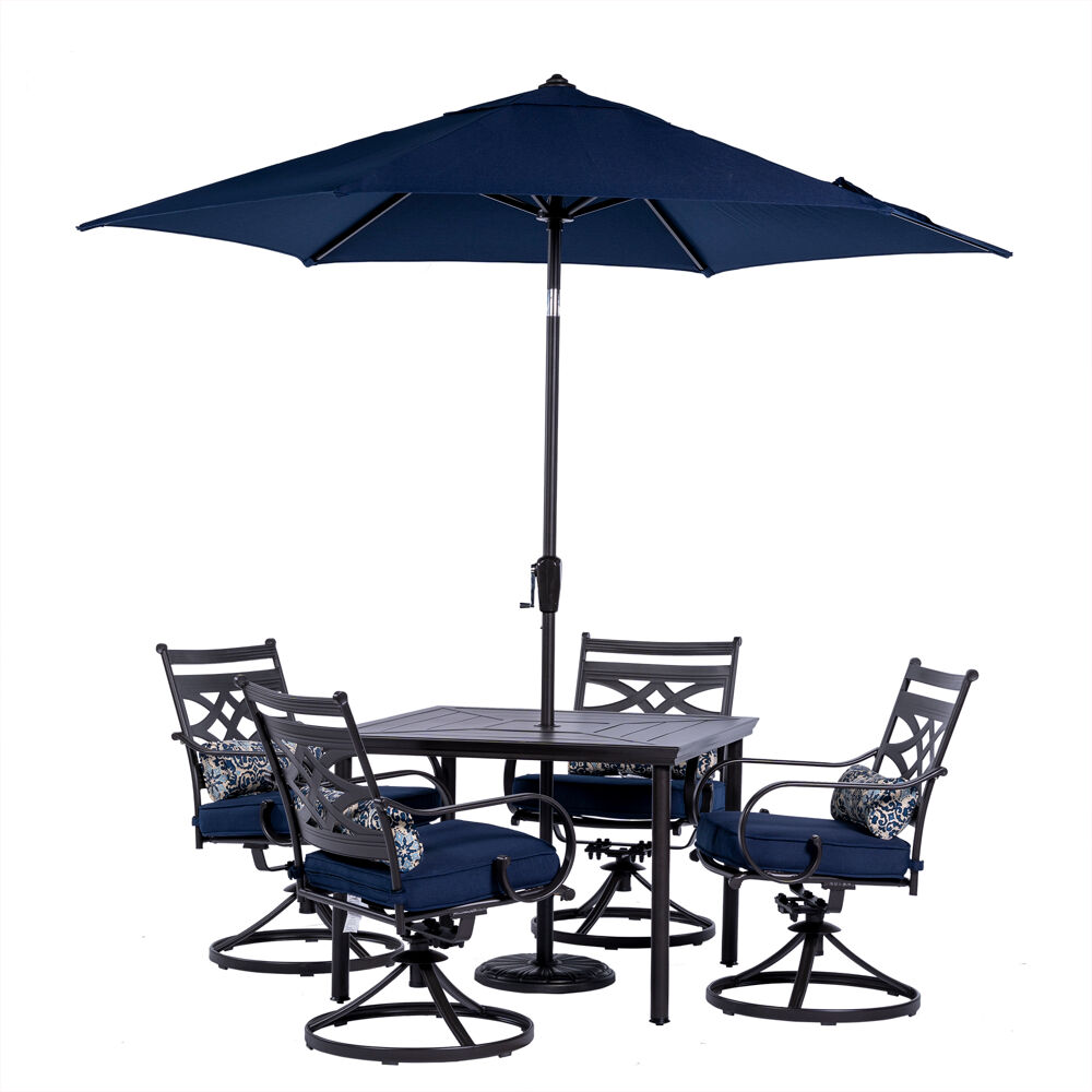 Montclair 5pc: 4 Swivel Rockers, 40" Square Dining Tbl, Umbrella & Base