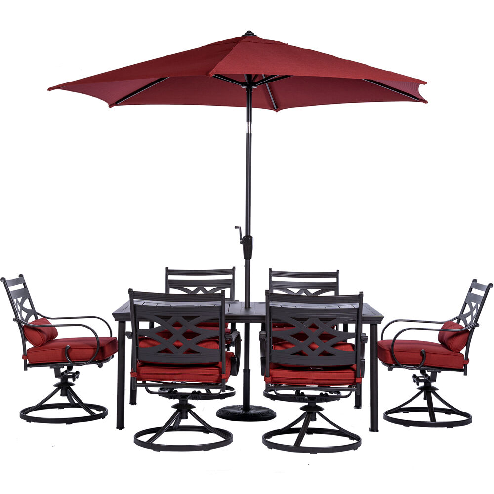 Montclair7pc: 6 Swivel Rockers, 40x66" Dining Table, Umbrella & Base