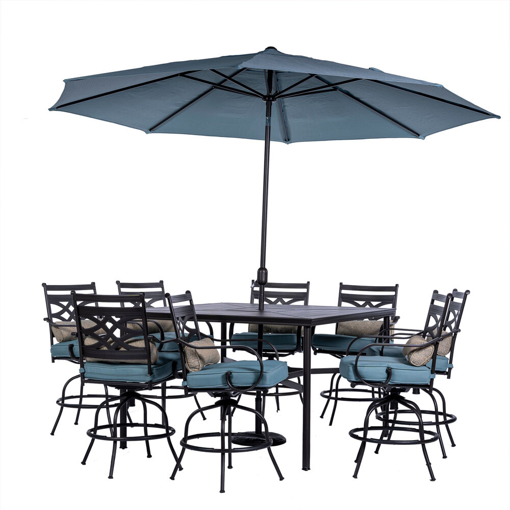 Montclair9pc High Dining: 8 Swivel Chrs, 60" High Tbl, Umbrella & Base