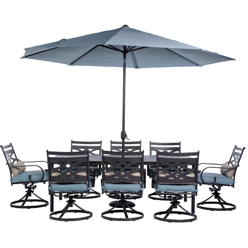 Montclair9pc: 8 Swivel Rockers, 42"x84" Dining Tbl, Umbrella, Umb Base