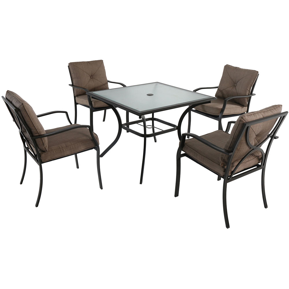 5pc Dining Set: 4 steel dining chairs w/cushions, 38" sq glass table