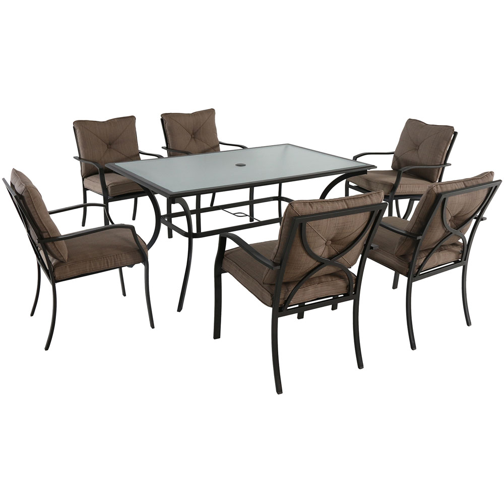 7pc Dining Set: 6 steel dining chairs w/cushions, 60x38" glass table