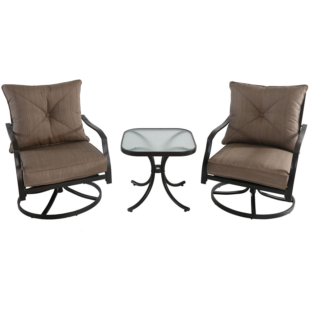 3pc Seating Set: 2 steel swivel rockers, glass side table