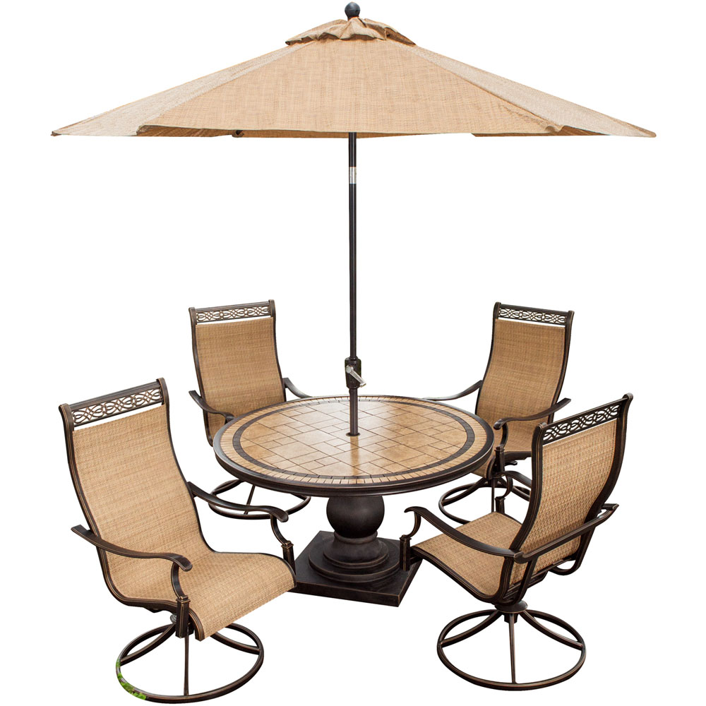 Monaco5pc: 4 Sling Swivel Rockers, 51" Round Tile Top Table, Umbrella