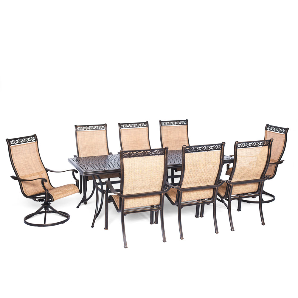 Manor9pc: 6 Sling Dining Chairs, 2 Sling Swivel Rockers, 42x84" Cast Tbl