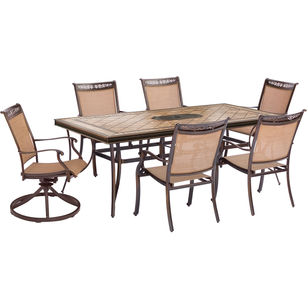 Fontana7pc: 4 Sling Dining Chairs, 2 Sling Swvl Rockers, 40x68" Tile Tbl