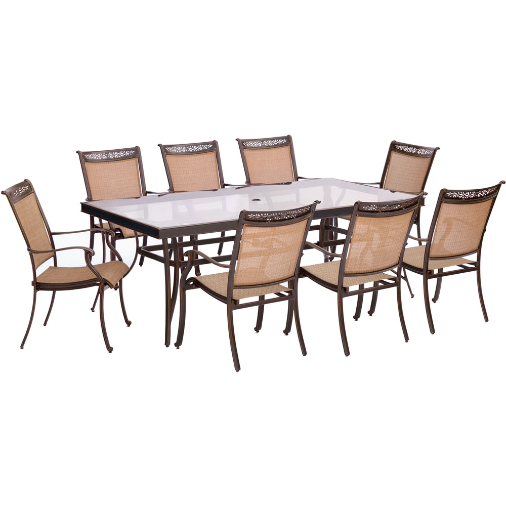 Fontana9pc: 8 Sling Dining Chairs, 42x84" Glass Top Table