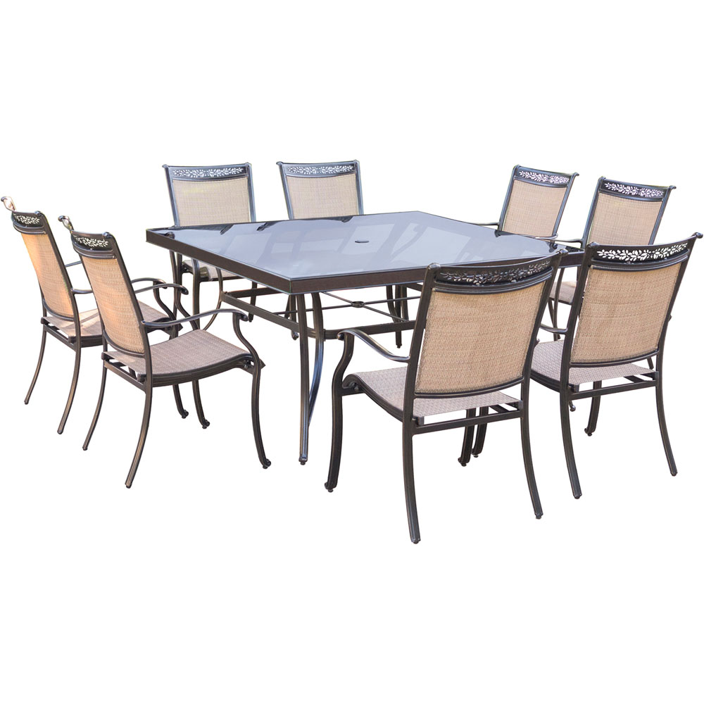 Fontana9pc: 8 Sling Dining Chairs, 60" Square Glass Top Table