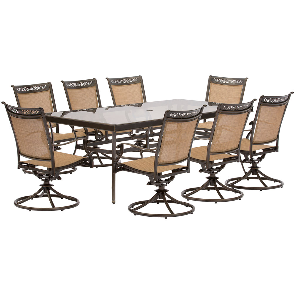 Fontana9pc: 8 Sling Swivel Rockers, 42x84" Glass Top Table