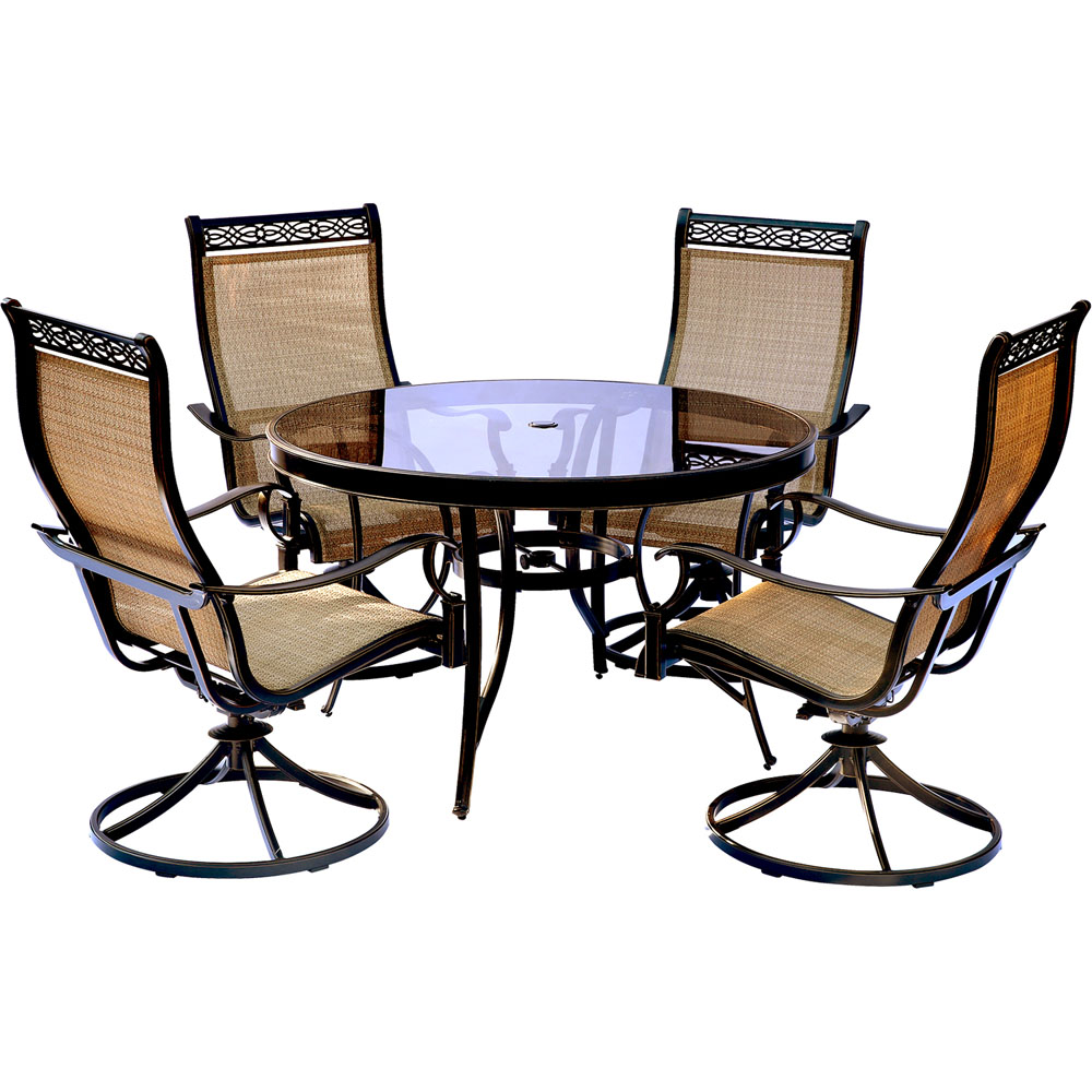 Monaco5pc: 4 Sling Swivel Rockers, 48" Round Glass Top Table