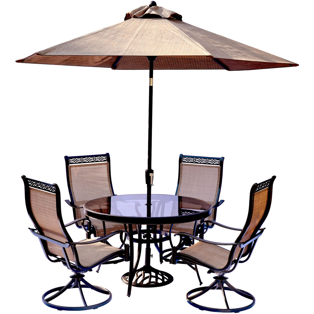 Monaco5pc: 4 Sling Swivel Rockers, 48" Round Glass Top Table, Umb, Base