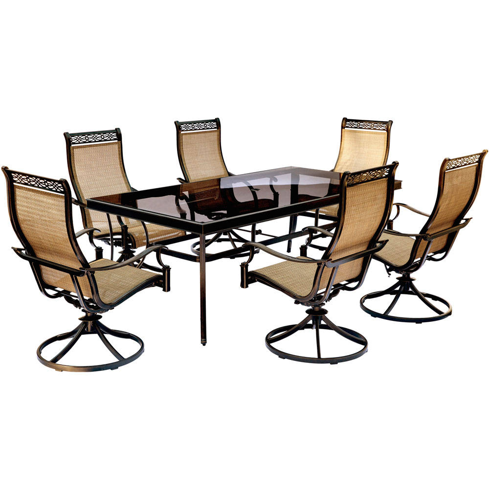 Monaco7pc: 6 Sling Swivel Rockers, 42x84" Glass Top Table