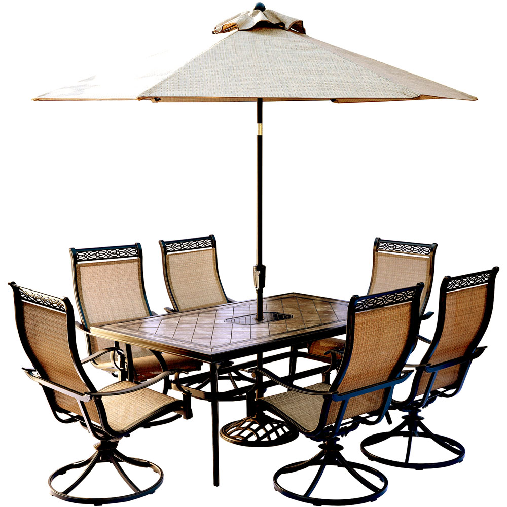 Monaco7pc: 6 Sling Swivel Rockers, 40x68" Tile Top Table, Umbrella, Base