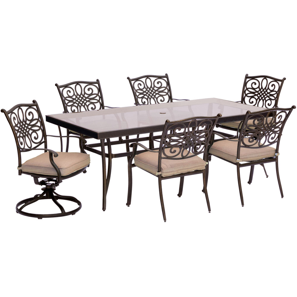 Traditions7pc: 4 Dining Chairs, 2 Swivel Rockers, 42x84" Glass Top Table