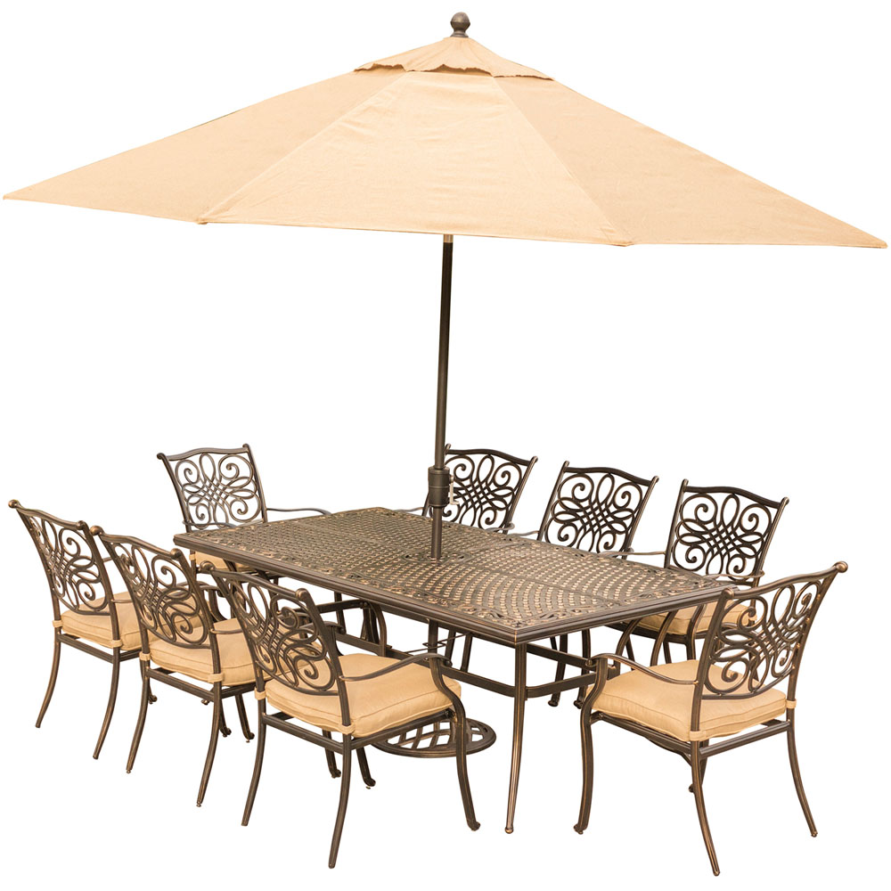 Traditions9pc: 8 Dining Chairs, 42x84" Cast Table, Umbrella, Base