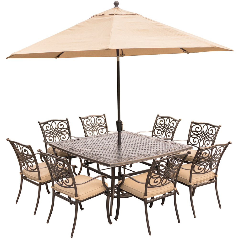 Traditions9pc: 8 Dining Chairs, 60" Square Cast Table, Umbrella, Base