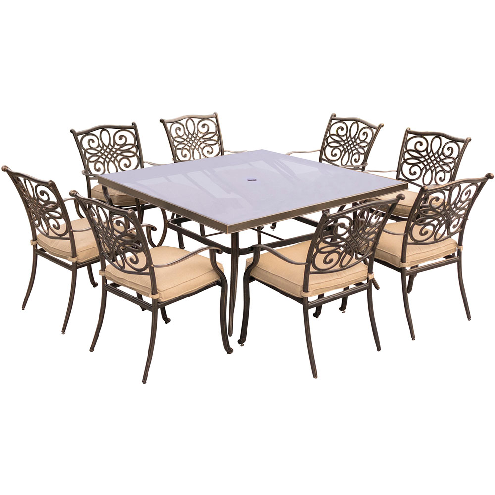 Traditions9pc: 8 Dining Chairs, 60" Square Glass Top Table