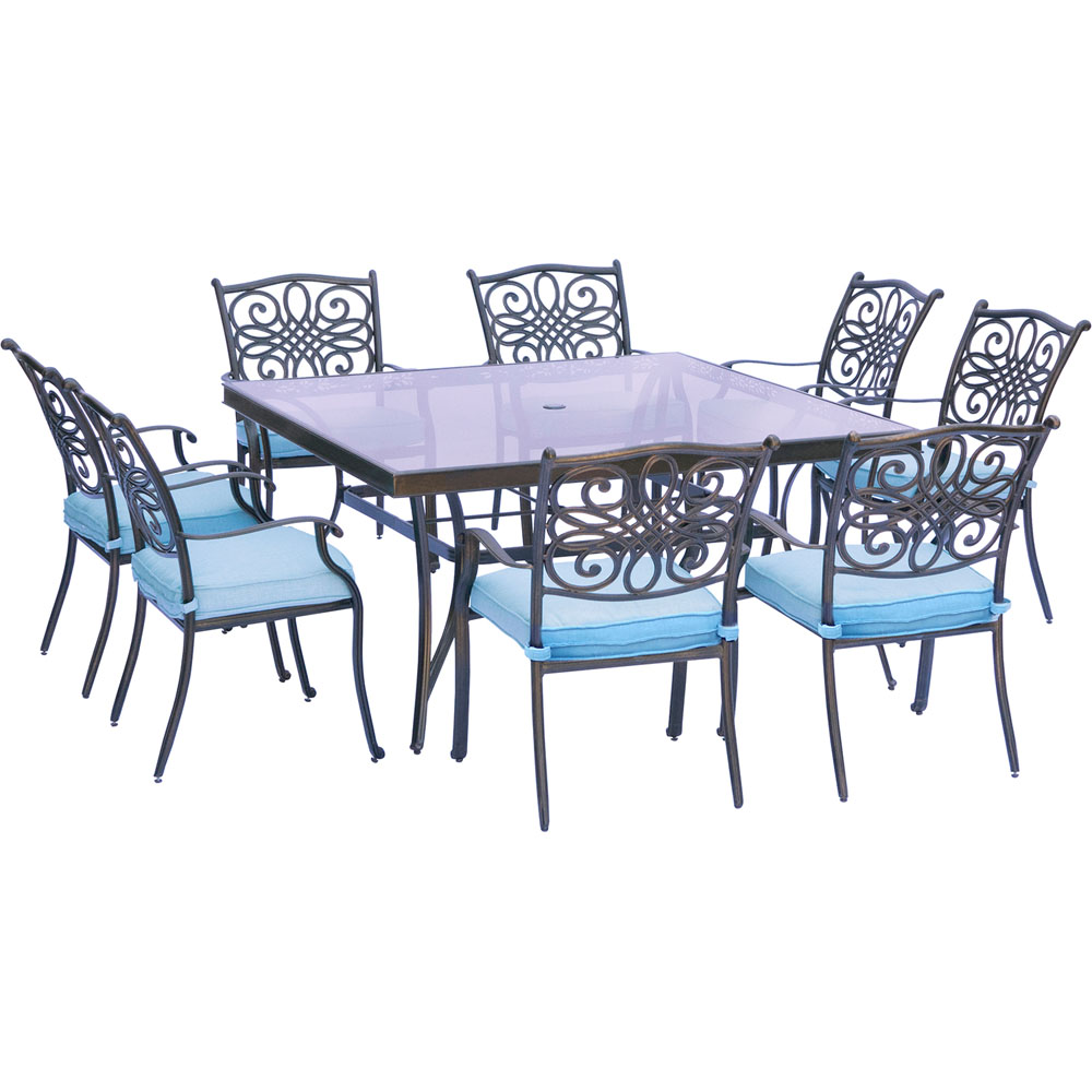 Traditions9pc: 8 Dining Chairs, 60" Square Glass Top Table