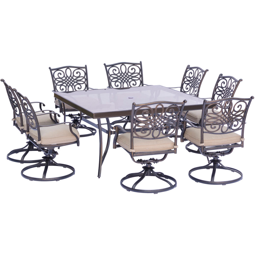 Traditions9pc: 8 Swivel Rockers, 60" Square Glass Top Table