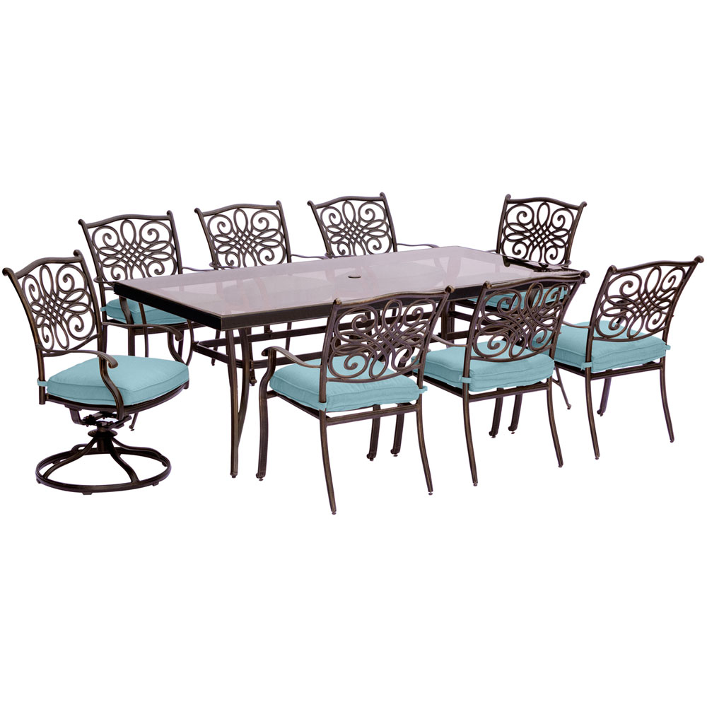 Traditions9pc: 6 Dining Chairs, 2 Swivel Rockers, 42x84" Glass Top Table