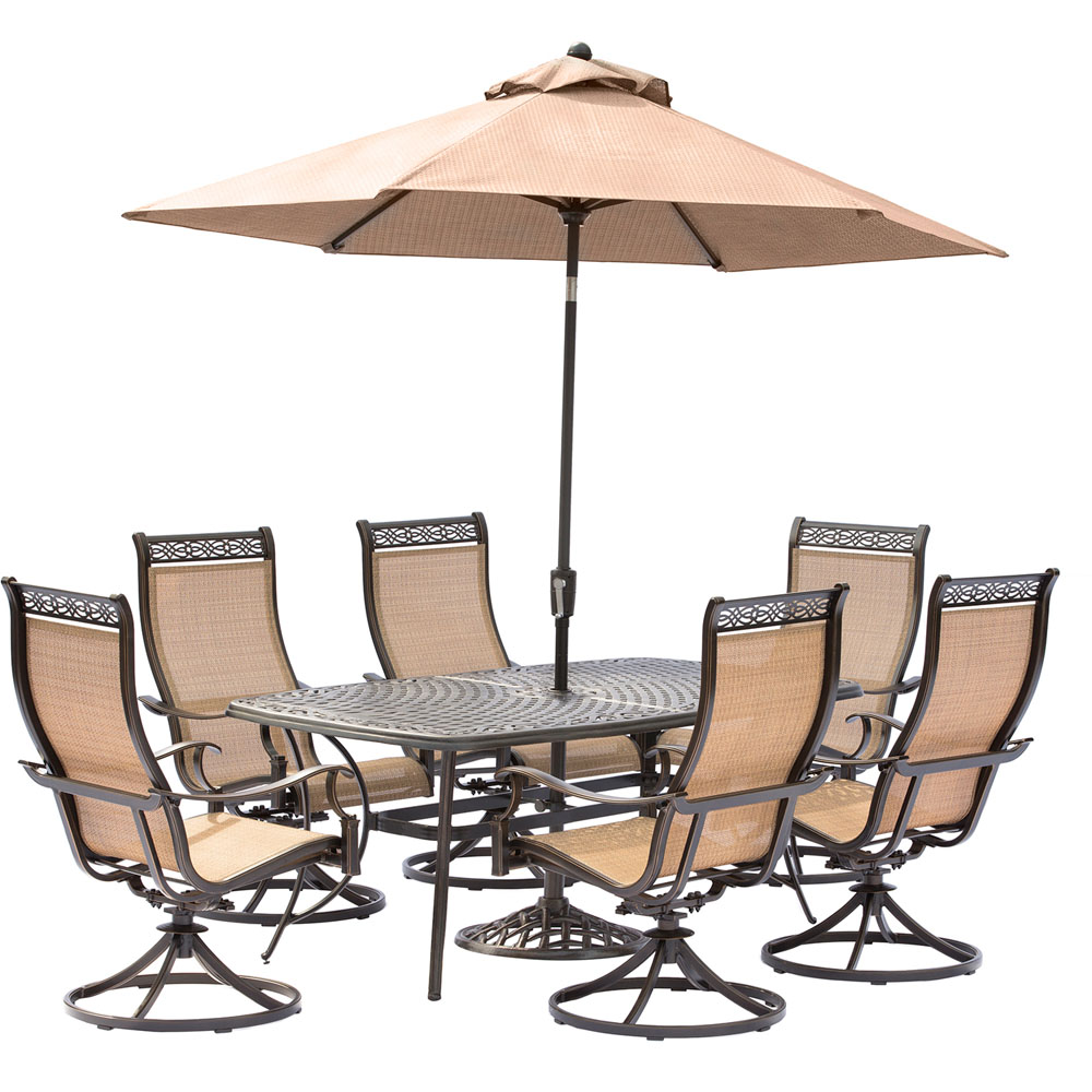 Manor7pc: 6 Sling Swivel Rockers, 38x72" Cast Table, Umbrella, Base