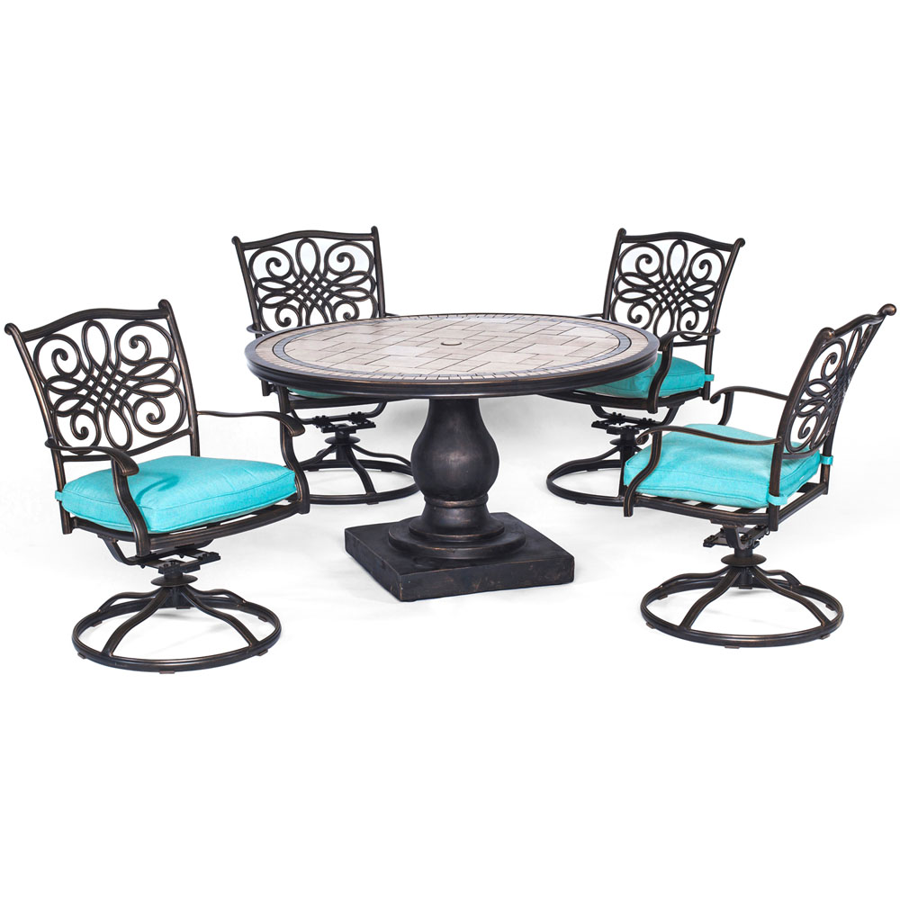 Monaco5pc: 4 Cush Sling Swivel Rockers, 51" Round Tile Top Table