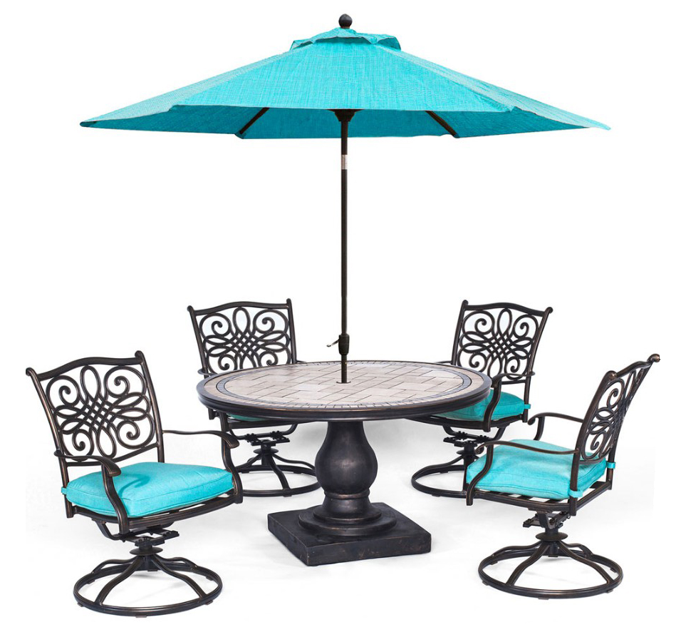 Monaco5pc: 4 Cush Swivel Rockers, 51" Round Tile Top Table, Umbrella