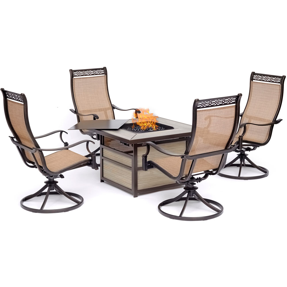 Monaco5pc Fire Pit: 4 Sling Swivel Rockers, Square KD Fire Pit w/Tile