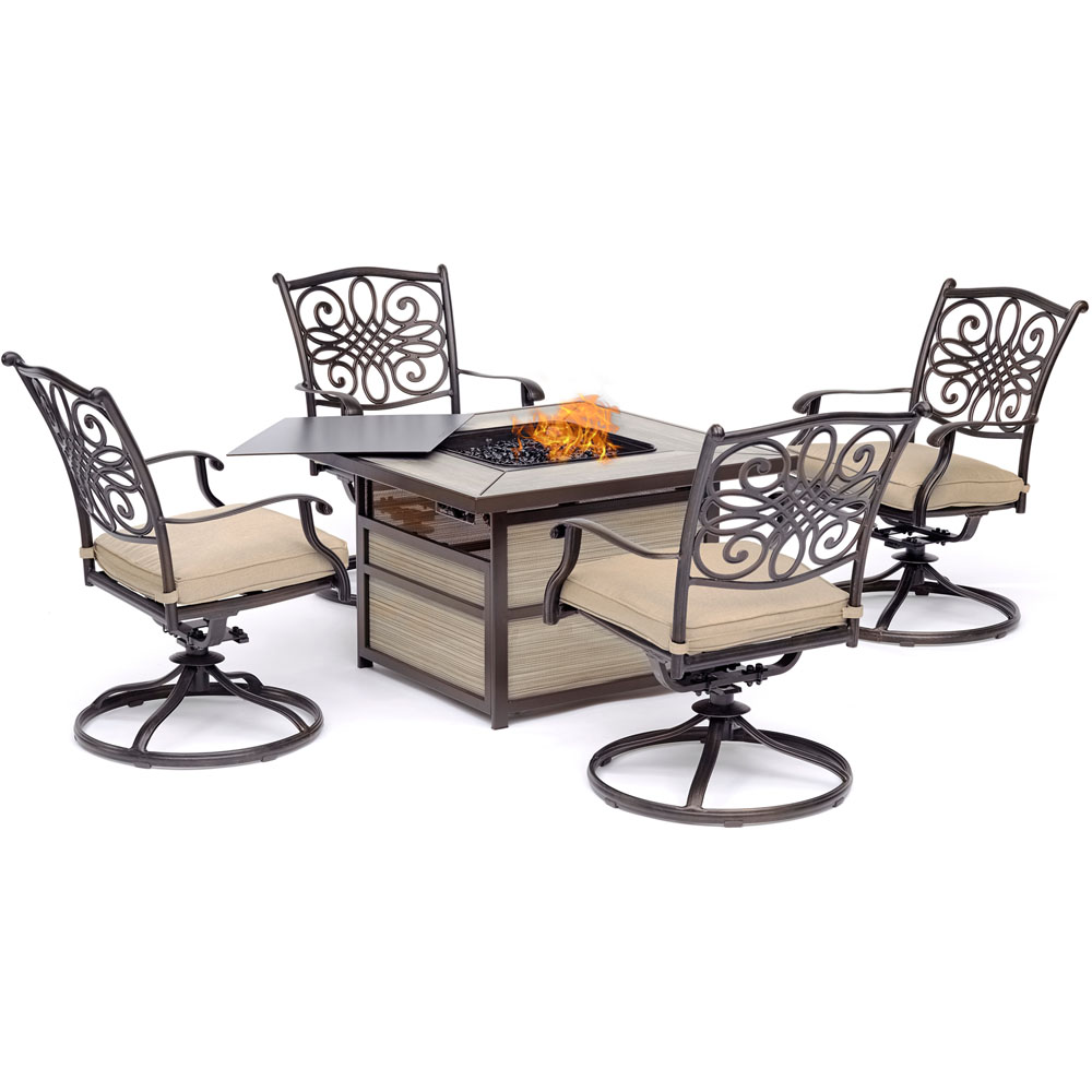 Traditions5pc Fire Pit: 4 Swivel Rockers, Square KD Fire Pit w/Tile