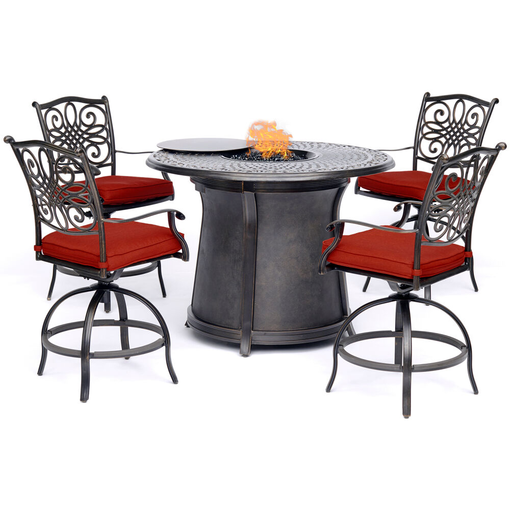 5pc High Fire Pit Set: 4 Swivel Chairs, 48" Round Cast Top Fire Pit Tbl