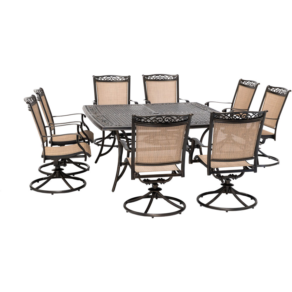 Fontana9pc: 8 Sling Swivel Rockers and 60" Square Cast Table