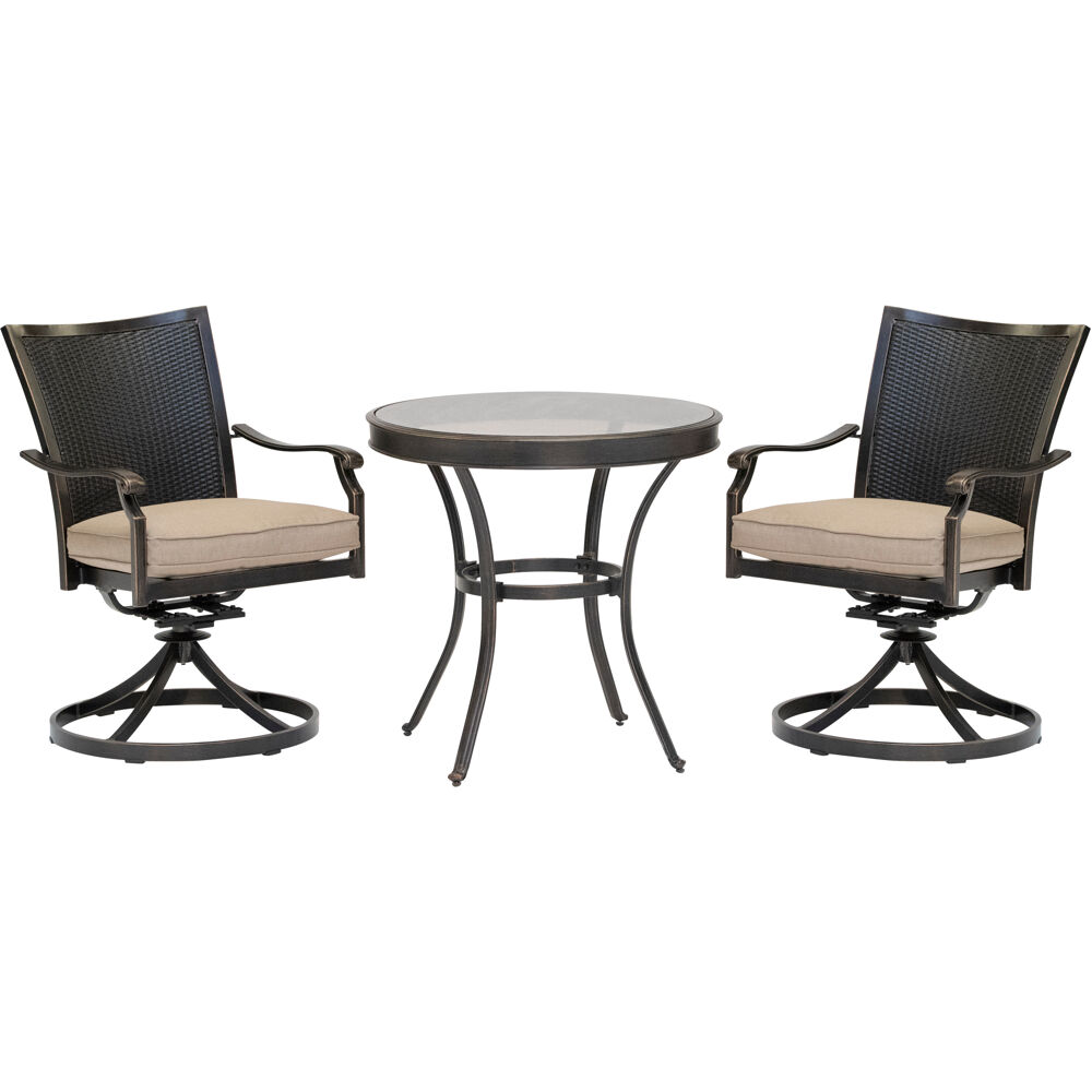 Traditions3pc: 2 Wicker Back Swivel Rockers, 30" Round Glass Table