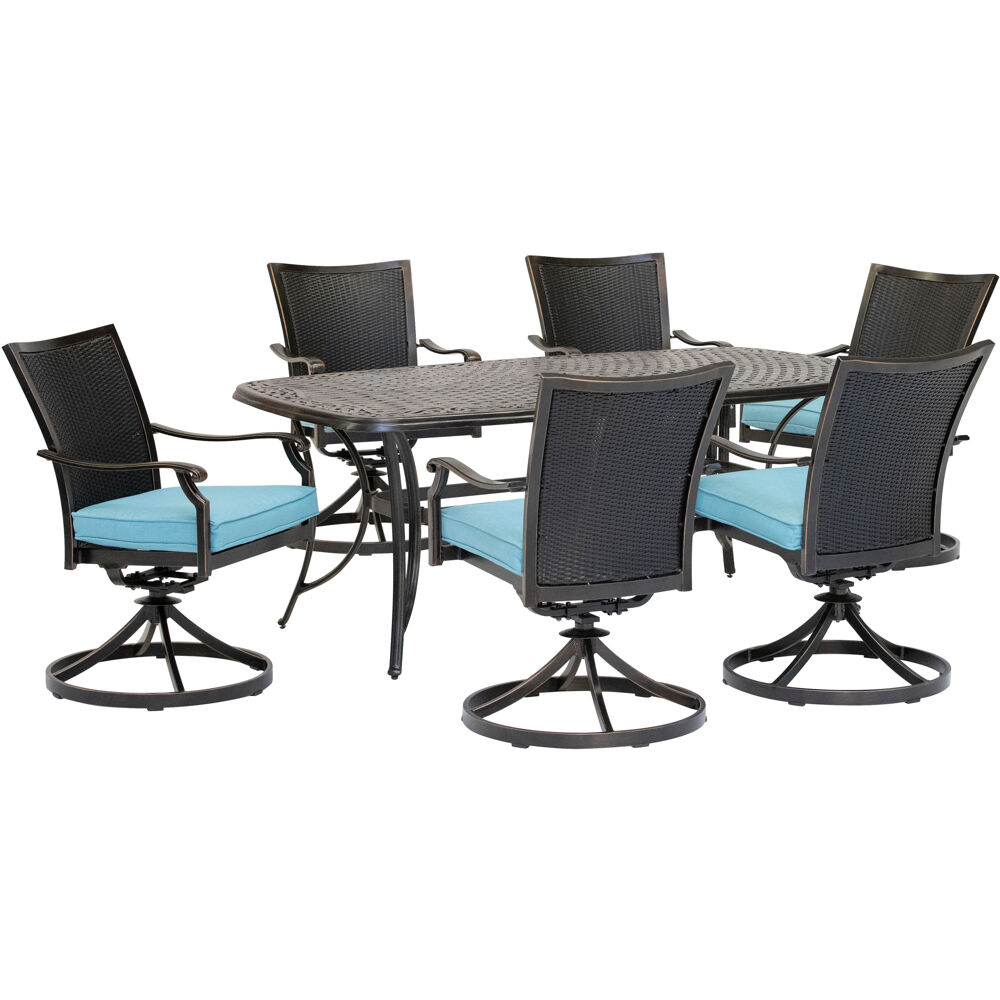 Traditions7pc: 6 Wicker Back Swivel Rockers, 38"x72" Cast Table