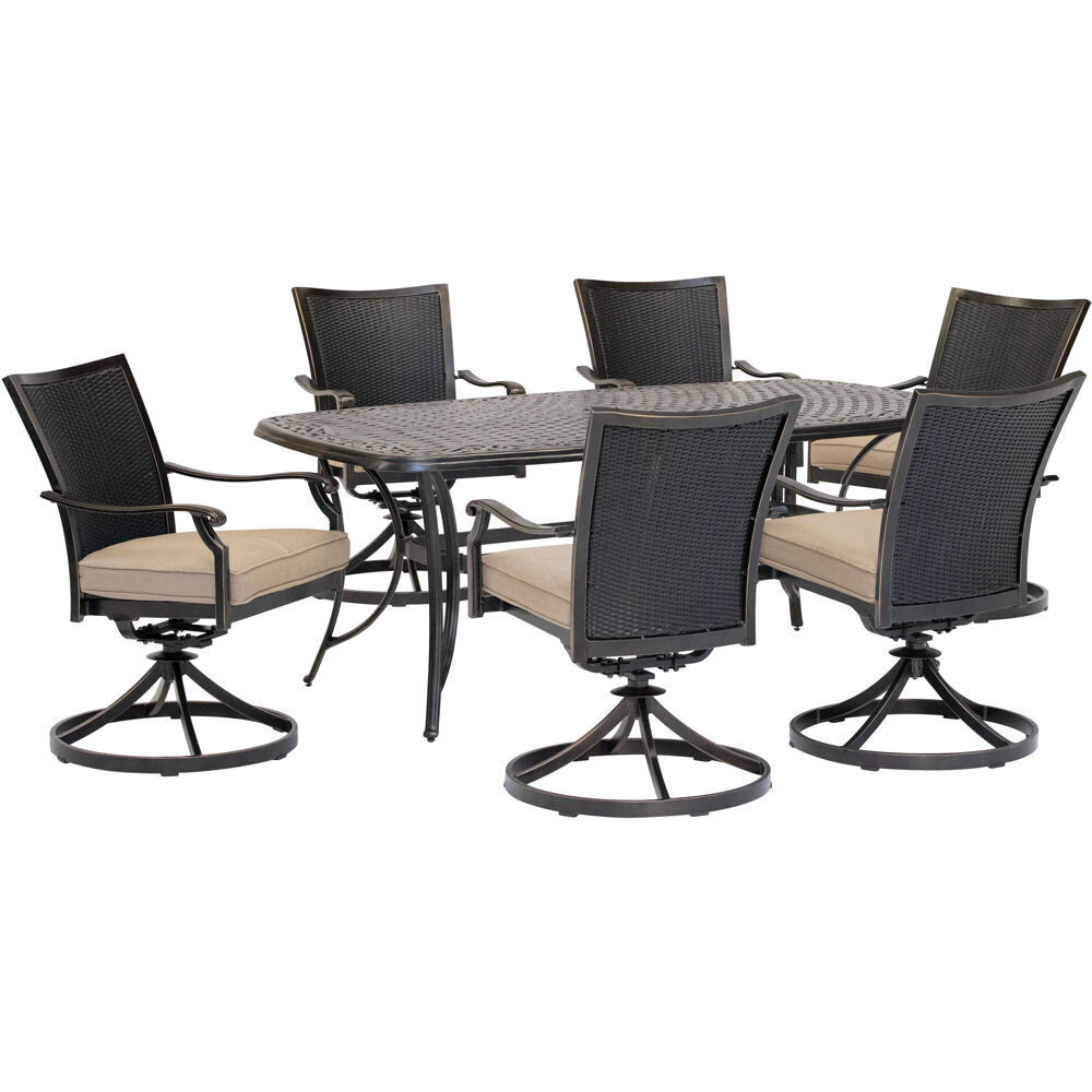 Traditions7pc: 6 Wicker Back Swivel Rockers, 38"x72" Cast Table