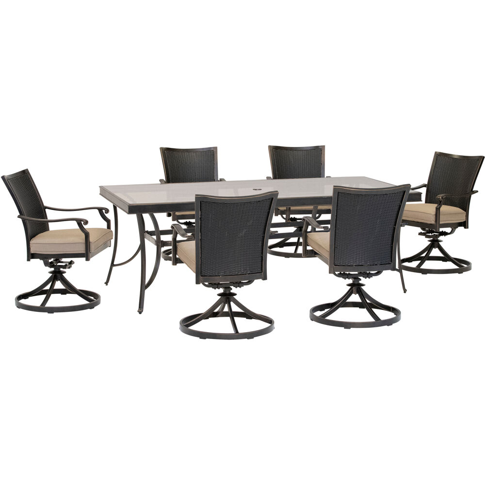 Traditions7pc: 6 Wicker Back Swivel Rockers, 42"x84" Glass Table