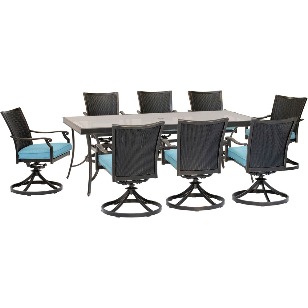 Traditions9pc: 8 Wicker Back Swivel Rockers, 42"x84" Glass Table