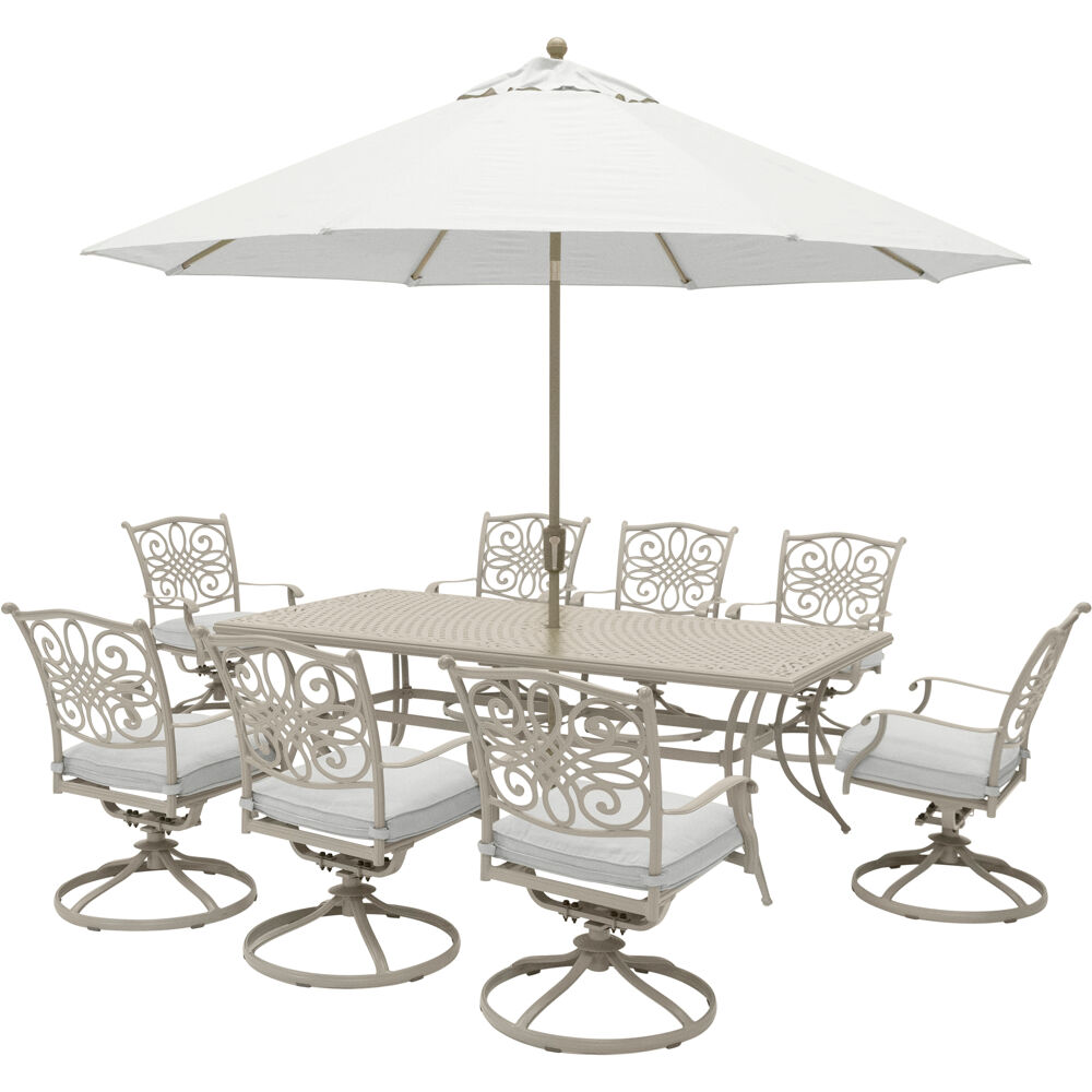 Traditions9pc: 8 Swivel Rockers, 42x84" Cast Table, Umbrella, Base