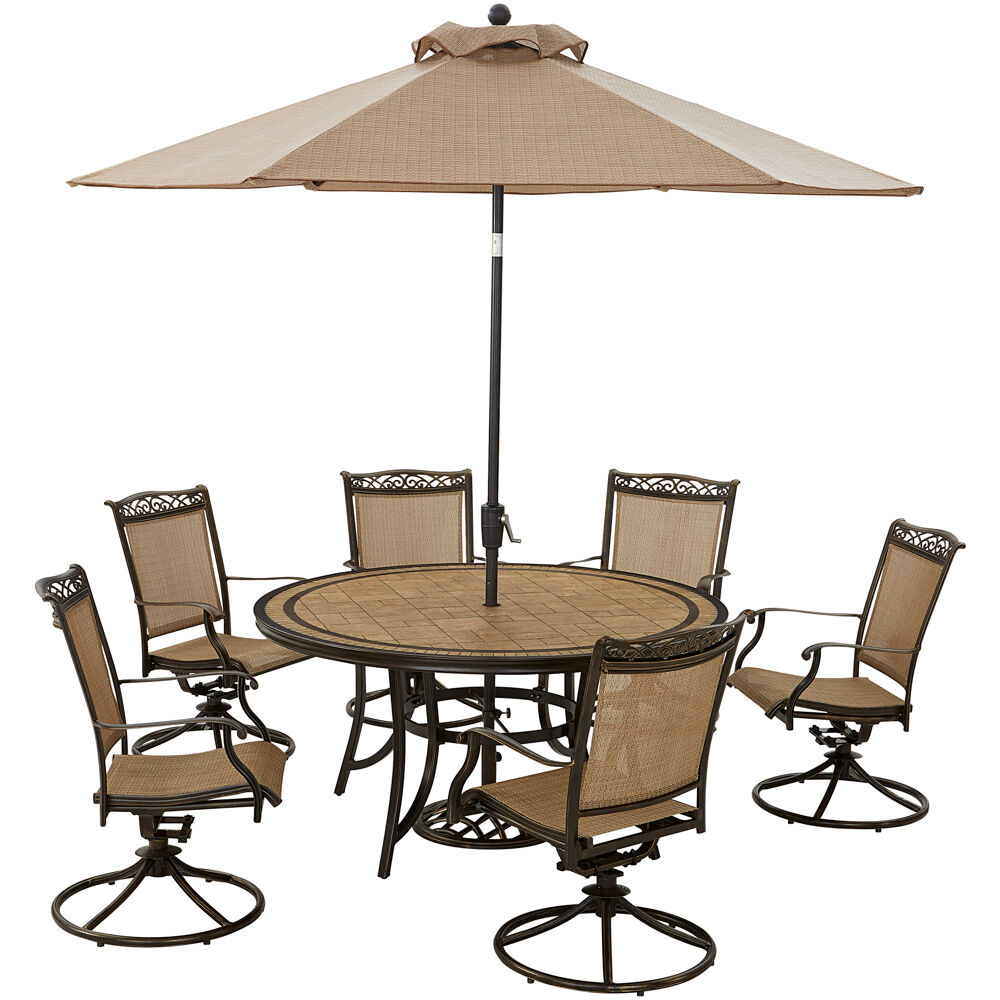 Fontana7pc: 6 Sling Swivel Rockers, 60" Round Tile Table, Umbrella, Base