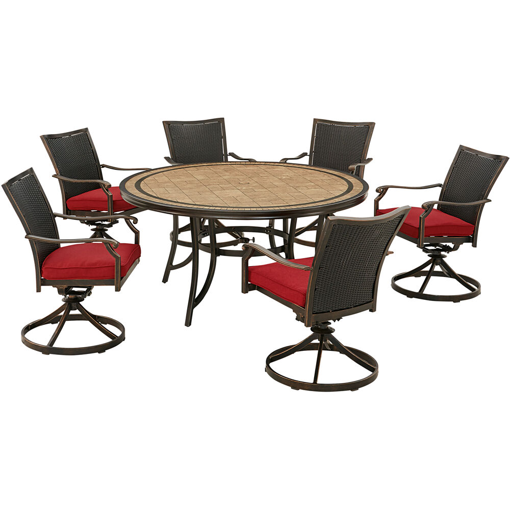 Monaco7pc: 6 Cush Wicker Back Swivel Rockers, 60" Round Tile Table