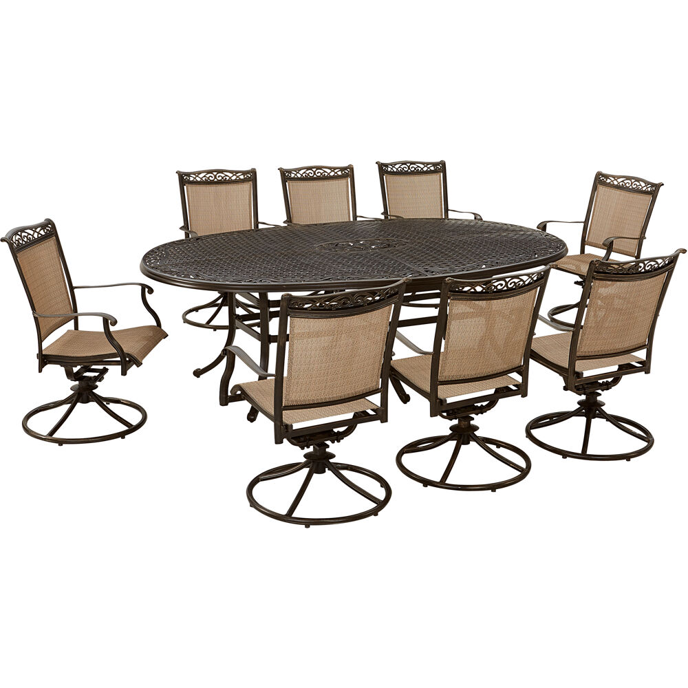 Fontana9pc: 8 Sling Swivel Rockers, 96"x60" Oval Cast Table