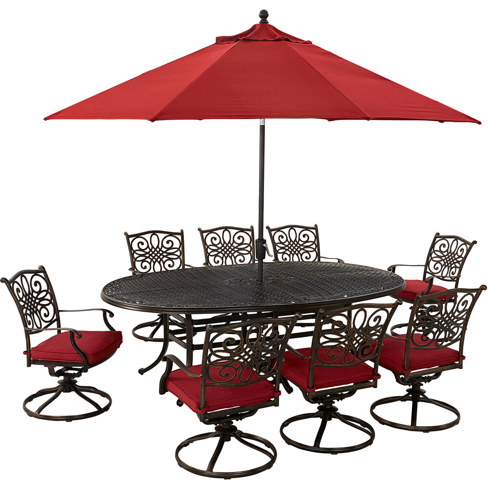 Traditions9pc: 8 Swivel Rockers, 96"x60" Oval Cast Tbl, Umbrella, Base