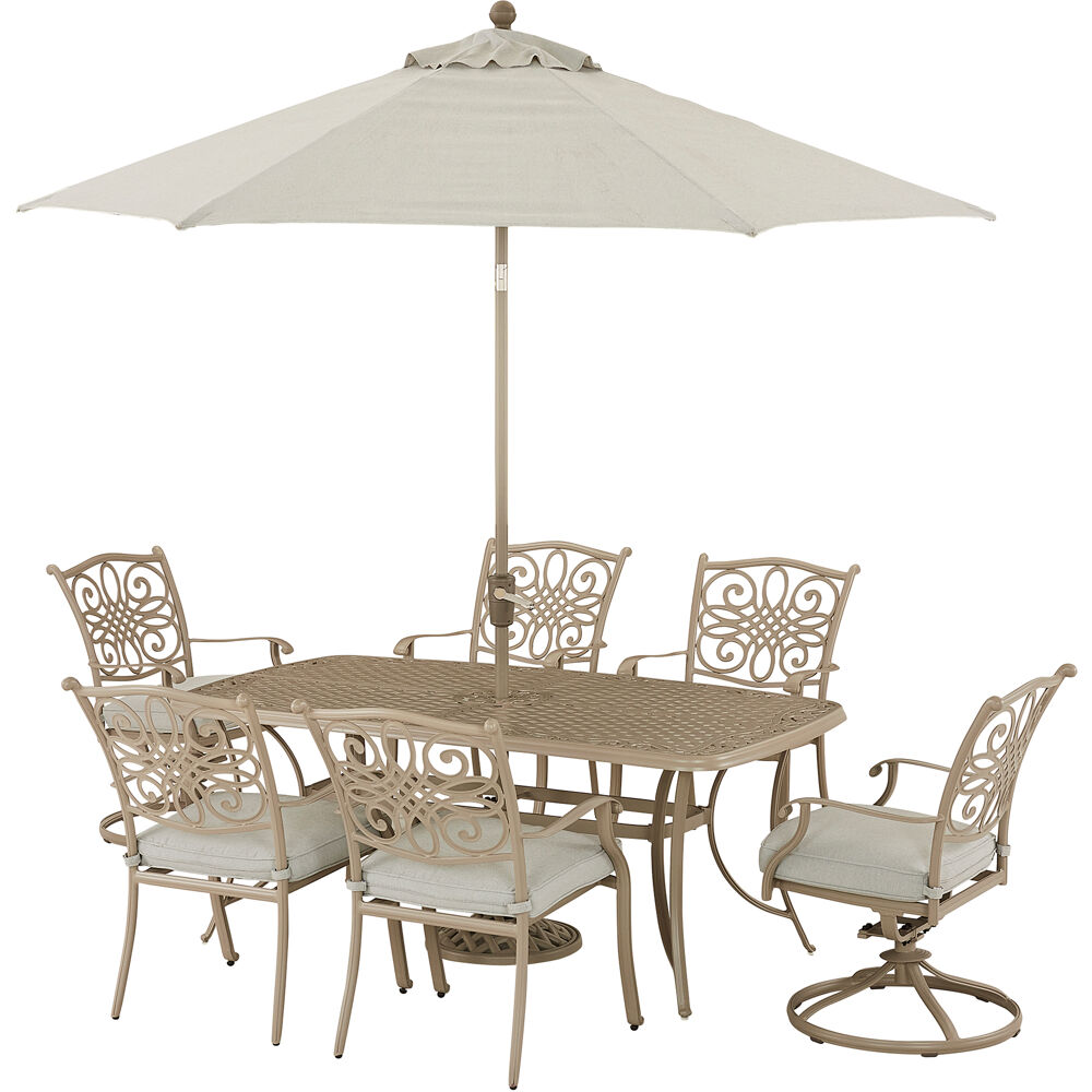 Traditions7pc: 2 Swivel Rkrs, 4 Dining Chrs, 38"x72" Table, Umb & Base