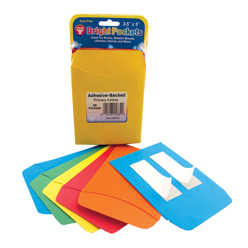 Self Adhesive Library Pockets, 3.5" x 4.875", 6 Each of 5 Colors, Pack of 30