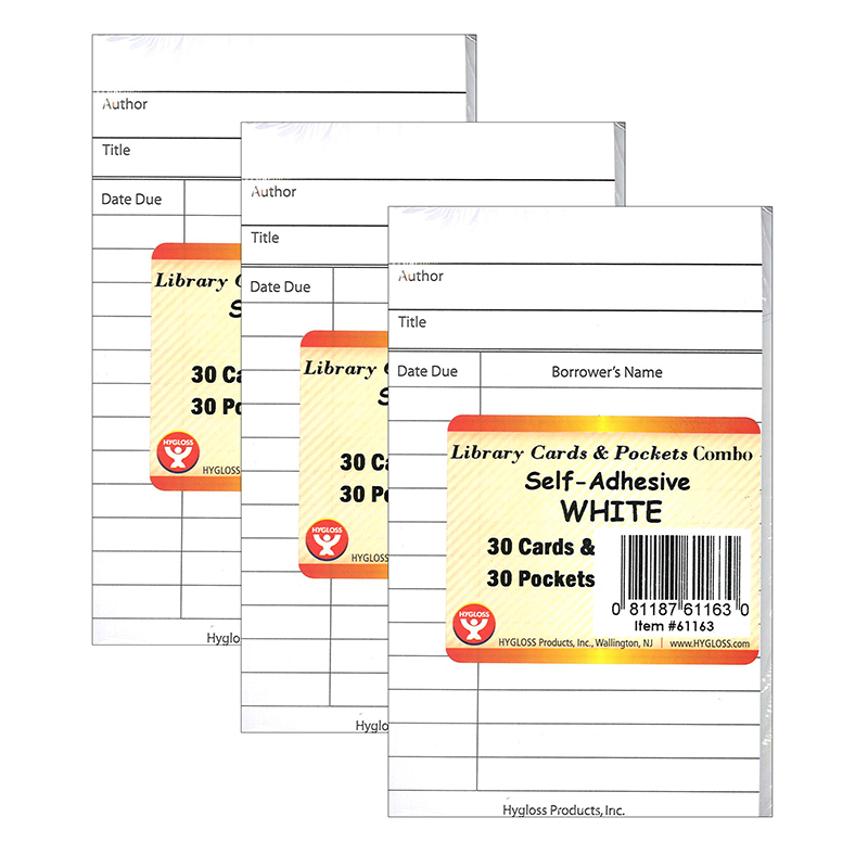 Library Cards & Self-Adhesive Pockets Combo, White, 30 Each/60 Pieces Per Pack, 3 Packs