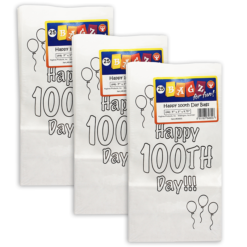 Happy 100th Day Paper Bags, 25 Per Pack, 3 Packs