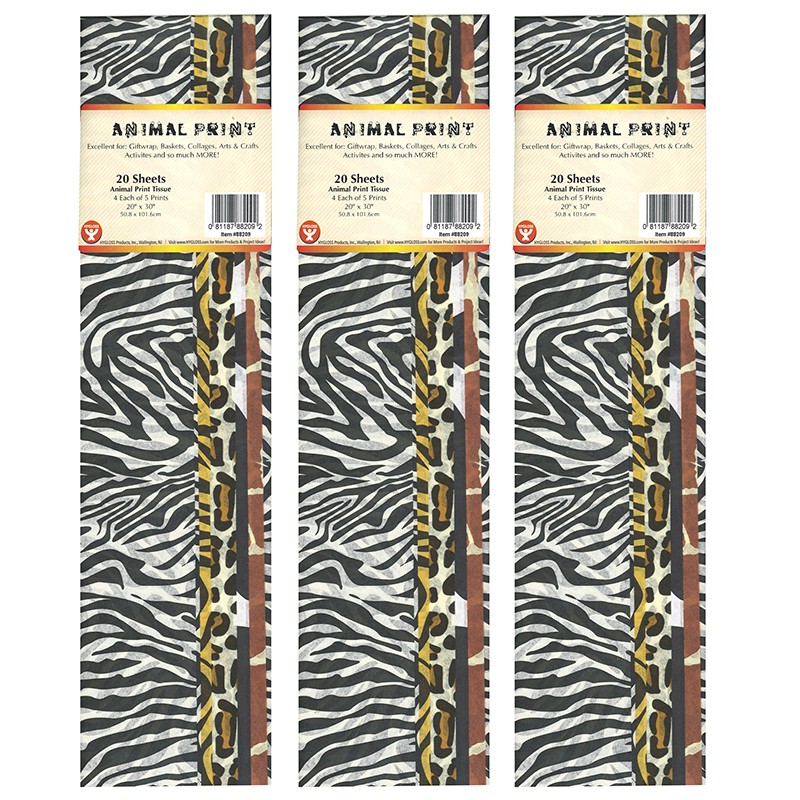 Tissue Paper, Animal Print Assortment, 20" x 30", 20 Sheets Per Pack, 3 Packs